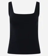 Blusa negra de corte regular, confeccionada en tejido Rib de algodón, con escote cuadrado y breteles anchos.
