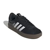 Championes Adidas VL Court 3.0 Low de estilo urbano, confeccionados en cuero sintético negro con las icónicas tres bandas laterales en blanco y suela de goma color marrón.