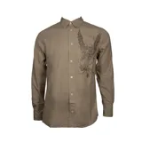 Camisa de manga larga color caqui con estampado en el frente.