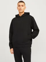 Hoodie negro de manga larga con capucha, corte holgado y bolsillo tipo canguro. Interior perchado de textura suave y tejido de espalda de bucle para mayor transpirabilidad.