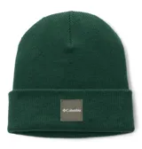 Gorro de lana tejido en color verde oscuro con diseño de puño enrollado y parche cuadrado con el logo de la marca en el frente.