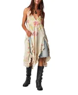 Top largo color beige de viscosa con escote en V, tiras ajustables en la espalda, tajos laterales con volados y bordados florales multicolor.