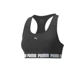 Top deportivo Puma Strong de soporte medio, color negro, con logo blanco estampado en el frente y banda elástica inferior con la inscripción "PUMA".