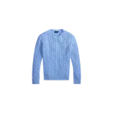 Sweater de punto tejido en ochos de color celeste, con cuello redondo y el logo bordado de la marca en el pecho.