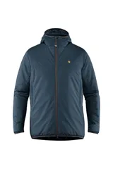 Campera azul de abrigo con capucha y cierre frontal.