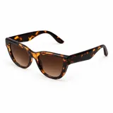 Lentes de sol con armazón de carey en tonos marrones y negros, y cristales degradados. Tienen un diseño moderno y versátil.