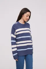 Sweater de acrílico a rayas horizontales en azul, celeste y blanco, de corte holgado y cuello redondo.