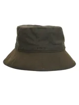 Gorro tipo bucket color verde oliva, confeccionado en canvas engrasado con tecnología resistente al agua y al viento. Presenta una banda decorativa con el logo RKF bordado y forro interior de algodón orgánico.
