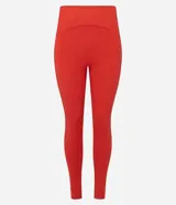 Pantalón legging deportivo de tiro alto, confeccionado en microfibra elástica de color rojo. Presenta un diseño ajustado al cuerpo con costuras reforzadas que brindan soporte y libertad de movimiento.