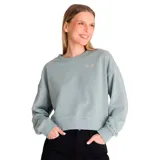 Buzo celeste de corte cropped, con cuello redondo y mangas largas. Tiene un pequeño bordado con el logo de Caterpillar en el pecho y un parche bordado en la manga.