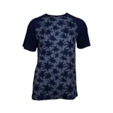 Remera Reef de manga corta raglán en color azul marino, con el panel frontal estampado con un patrón de palmeras en tonos oscuros sobre fondo gris.