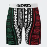 Calzoncillos bóxer de hombre PSD con estampado geométrico en negro, blanco, rojo y verde. Cintura elástica blanca con logo de la marca.