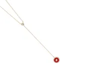 Collar de plata 925 dorada, estilo corbatero, con punto de luz y dije circular con esmalte rojo y circonitas.