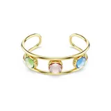 Brazalete abierto dorado con tres cristales facetados de talla cojín: verde, rosa y azul.