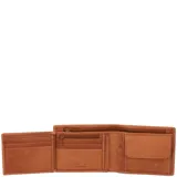 Billetera plegable de cuero natural color tostado, con costuras decorativas horizontales y logo de la marca grabado en la esquina inferior. Cuenta con múltiples compartimentos internos para tarjetas y documentos, además de tecnología de protección RFID.