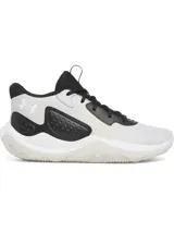 Championes Under Armour UA Jet 23, diseñados para básquetbol, en combinación de color blanco, gris y negro. Presentan parte superior de materiales mixtos con paneles texturizados, amortiguación Micro G® en la entresuela y suela de goma con tracción anatómica.