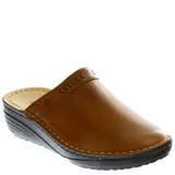 Zuecos de cuero color suela con costuras decorativas a la vista, detalle de pespuntes en el empeine y suela de goma con plataforma corrida.