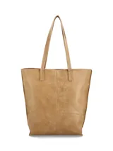 Cartera tipo tote bag color tostado, de diseño amplio y estructurado, con doble asa larga para hombro y costuras decorativas frontales.