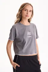 Remera cropped de algodón color gris con efecto lavado y mangas cortas. Cuenta con bordado en el pecho con la frase 'Every thing in time' y costuras decorativas visibles en contraste en los dobladillos.