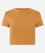 Blusa tipo baby tee de corte ajustado, con cuello redondo y mangas cortas. Confeccionada en tejido de algodón con elastano, ofrece un diseño básico y versátil con estética inspirada en los años 2000.