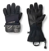 Guantes Columbia modelo Whirlibird III Omni-Tech, color negro, diseñados para deportes de nieve. Cuentan con palma de piel de cabra, ajuste en la muñeca, puños largos con cordón ajustable y tecnologías de impermeabilidad y retención de calor.