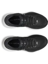 Championes de running Under Armour modelo Infinite Pro 2, color negro con suela blanca. Presentan parte superior de malla técnica transpirable, forro acolchado en cuello y lengüeta, y entresuela con tecnología de amortiguación UA HOVR+ para mayor retorno de energía y estabilidad.