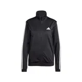 Campera deportiva Adidas tipo track jacket, color negro con las icónicas tres tiras blancas en las mangas y logo de la marca estampado en el pecho. Cuenta con cierre frontal completo, cuello alto y puños elásticos.