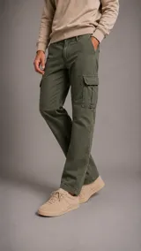 Pantalón cargo de gabardina en color verde oliva, con corte recto, bolsillos laterales con solapa y cierre frontal con botón y cremallera.