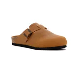 Zuecos Quiksilver modelo Arizona para hombre, confeccionados en cuero marrón con tira ajustable y hebilla metálica. Cuentan con base de corcho y suela de goma negra.