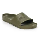 Sandalia tipo slide Birkenstock modelo Barbados, confeccionada en material EVA color verde oliva. Presenta una banda ancha con textura hexagonal y el nombre de la marca en relieve.
