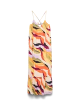 Vestido largo con estampado abstracto en tonos beige, naranja, amarillo, verde y violeta. Tiene tiras finas cruzadas ajustables, escote en V y corte holgado con volantes en el ruedo.