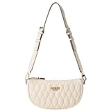 Cartera pequeña tipo media luna de color blanco hueso, con diseño acolchado en patrón de rombos. Cuenta con cierre superior y correa ajustable para llevar al hombro. Presenta un logo metálico dorado de Guess en el frente.