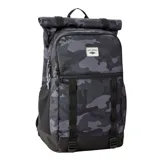 Mochila Rip Curl modelo Dawn Patrol 30L con diseño roll-top, confeccionada en tejido resistente con estampado camuflado en tonos grises y negros. Cuenta con compartimento principal, bolsillo frontal con cierre, correas ajustables en la base y bolsillos laterales de malla.