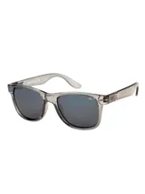 Lentes de sol Cat modelo Blinding con armazón rectangular de acetato transparente en tono gris oscuro y cristales polarizados oscuros. Presentan bisagras con resorte y detalle de logo metálico en las patillas.