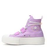 Championes Converse Chuck Taylor All Star Lift Hi color lila con plataforma blanca, ajuste con cordones blancos y velcro en el tobillo.