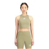 Top deportivo tipo bra de New Balance, confeccionado en algodón y elastano, con cuello redondo y logo de la marca estampado en el centro del pecho.