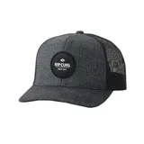 Gorra negra con visera curva y paneles traseros de malla. Presenta un logo circular de Rip Curl en el frente.