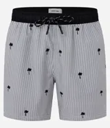 Bermuda de microfibra ligera con cintura elástica ajustable con cordón, estampado de rayas verticales y bordado de cocoteros.