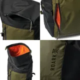 Mochila Roark Passenger 2.0 de 27 litros, diseño rolltop en color negro y verde militar, con compartimento acolchado para laptop, bolsillos laterales y bolsillos frontales con cierre.