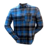 Camisa a cuadros azul, negra y gris, de manga larga y corte clásico.