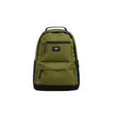 Mochila Vans verde oliva con detalles en negro. Tiene un compartimento principal con cierre, un bolsillo frontal con cierre y un bolsillo lateral.