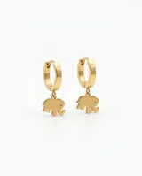 Caravanas tipo argolla de acero inoxidable en color dorado, con dije colgante en forma de elefante.