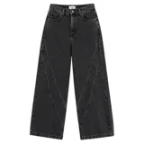Jean baggy gris con efecto gastado, tiro alto, corte ancho de piernas y costuras decorativas diagonales en el frente.