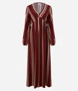 Vestido largo evasé de viscolino con 25% de lino, con escote en V, busto ajustado y mangas largas abullonadas. Diseño a rayas verticales en bloques de color bicolor.