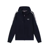 Campera con capucha y cierre frontal, color azul marino. Presenta bandas laterales en las mangas con detalles tricolores y logo de la marca estampado en el pecho.