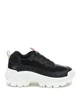 Zapatillas Caterpillar modelo Intruder Lite para mujer, de color negro con suela chunky blanca y detalles en rosado.
