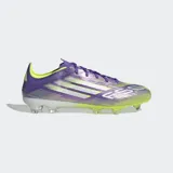 Championes de fútbol Adidas F50 Pro Firm Ground Cleats, color violeta con detalles en amarillo y blanco. Parte superior de fibra táctil con textura Sprintweb 3D y suela Sprintshell 360 para terreno firme.