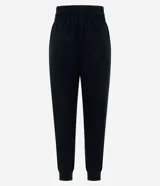 Pantalón jogger negro de algodón con cintura alta, elástico, lazo ajustable y tobillos ajustados.