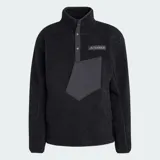 Buzo de tela fleece gruesa Adidas Terrex de color negro, con cuello alto, cierre frontal parcial con botones a presión, bolsillo frontal con solapa y el logo de Terrex en el pecho.