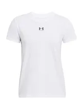 Remera de cuello redondo y manga corta, confeccionada en tejido de mezcla de algodón, poliéster y elastano. Presenta un diseño liso en color blanco con un pequeño logo de la marca estampado en el centro del pecho.